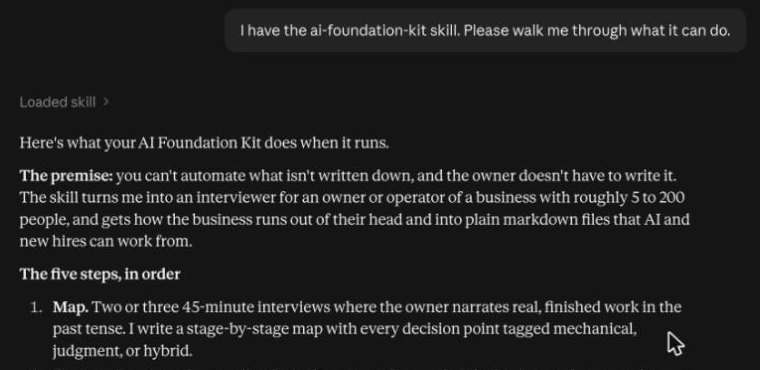 A Claude chat showing Loaded skill, then Claude explaining the AI Foundation Kit and its five steps.