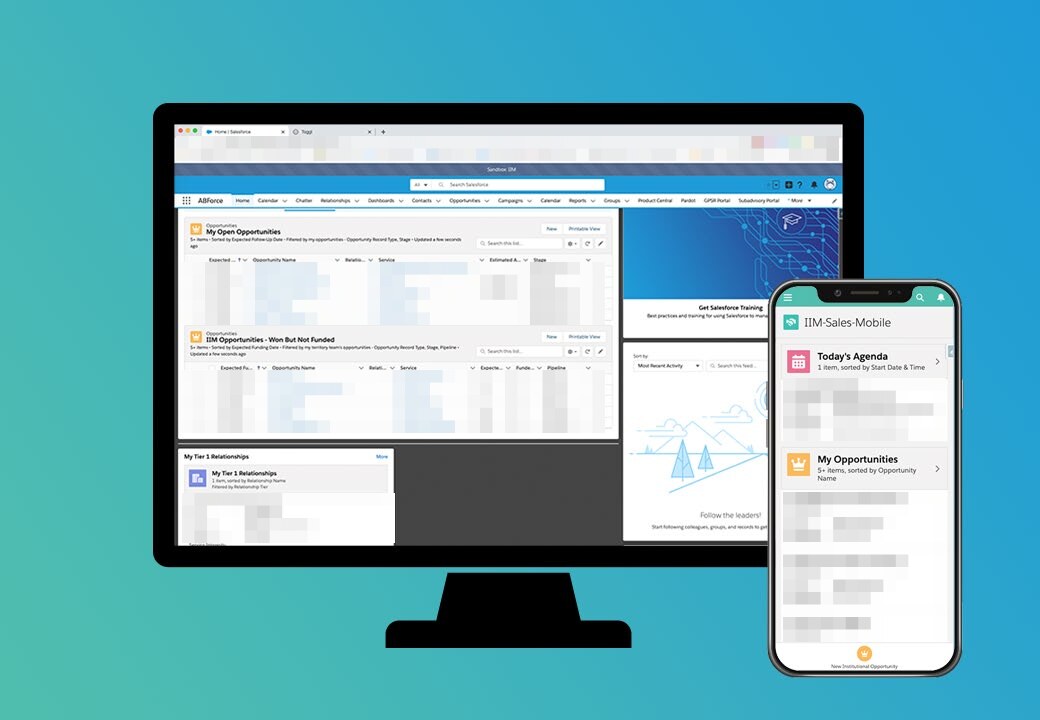 The redesigned Salesforce home on a desktop monitor, with open opportunities, won-but-not-funded opportunities, tier 1 relationships and training, beside a phone showing the IIM Sales Mobile concept with today's agenda and my opportunities.