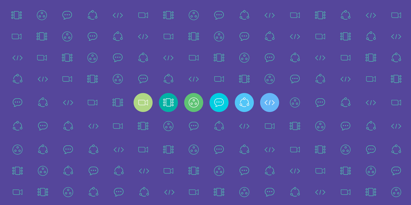 A purple field of small tool icons, with one row lit up in green, teal and blue.