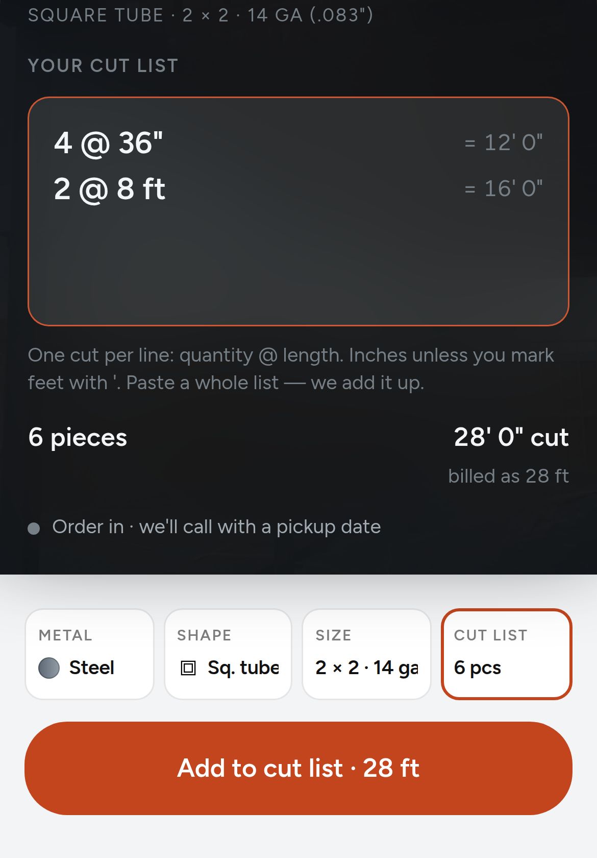 A cut list typed as “4 @ 36” and “2 @ 8 ft”, totaling 6 pieces and 28 feet, with the stock status and an Add to cut list button.