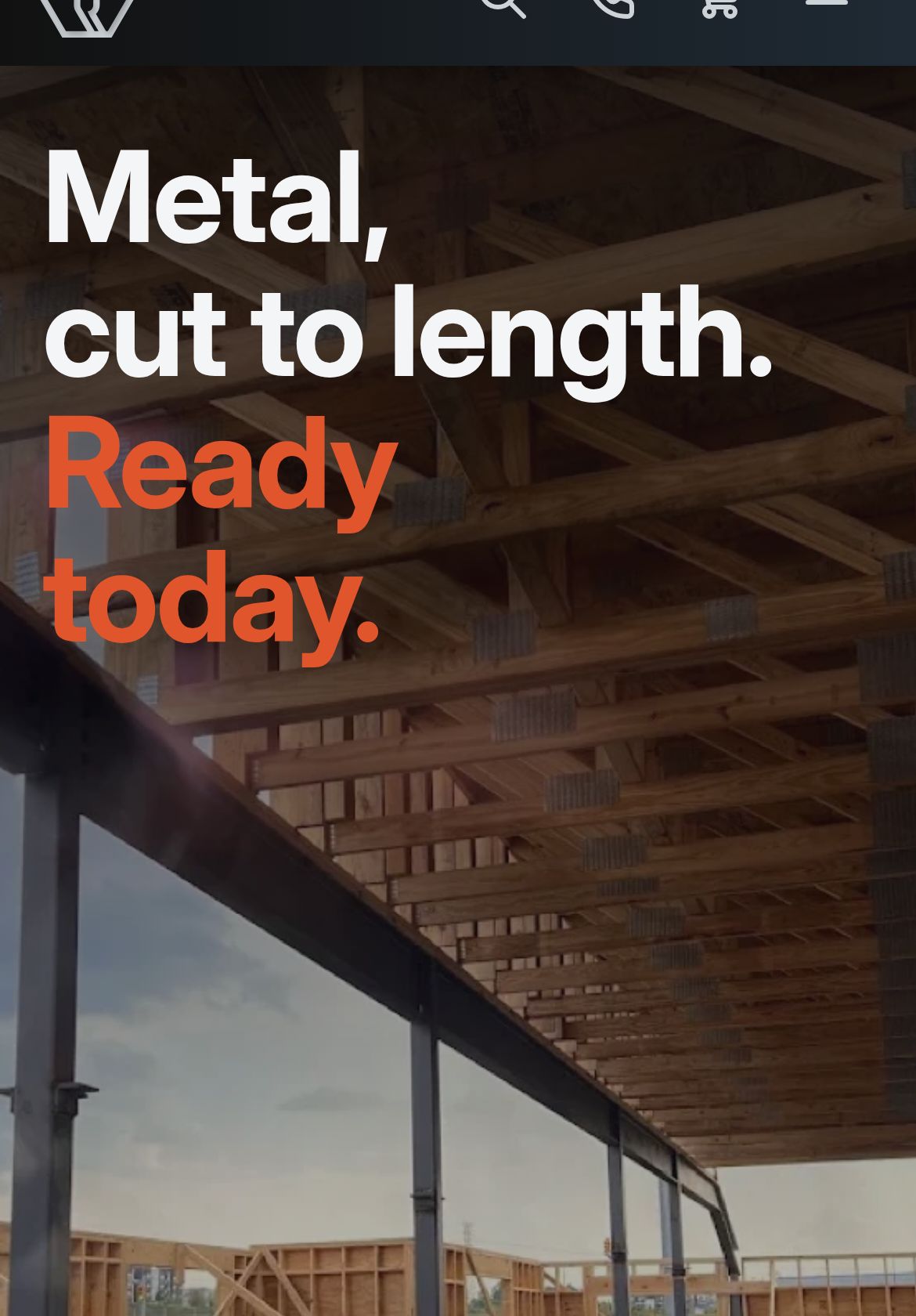 The top of the Gunter Metals buying page on a phone: “Metal, cut to length. Ready today.” over a jobsite photo.