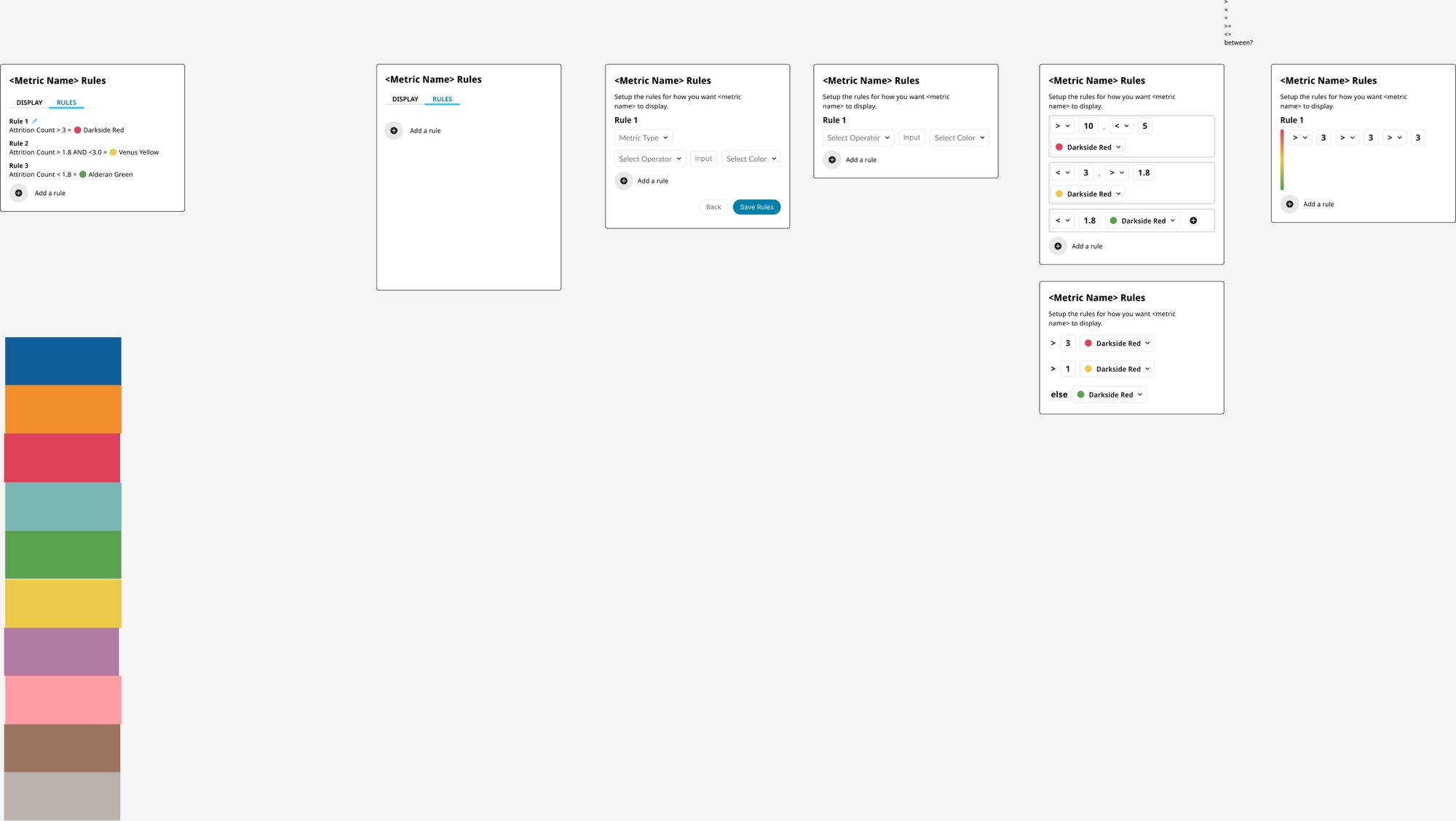 Seven versions of a rules builder for a metric, side by side: from a simple list such as “Attrition count greater than 3 equals red” to versions with operators, values and color pickers, a gradient scale, and an if-else layout, plus a column of palette colors.
