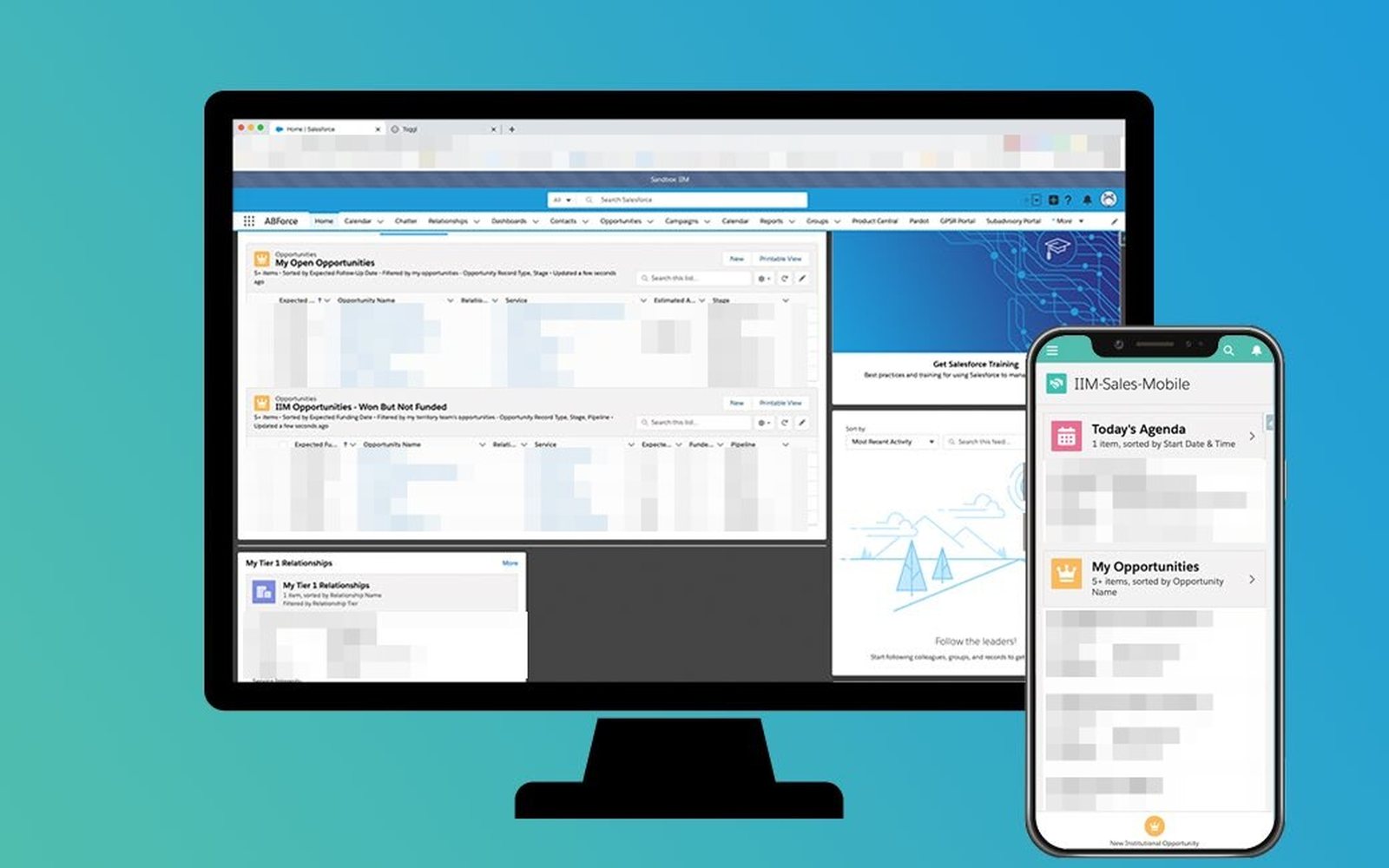 The redesigned Salesforce home on a monitor beside a phone showing the mobile sales concept, client details pixelated.