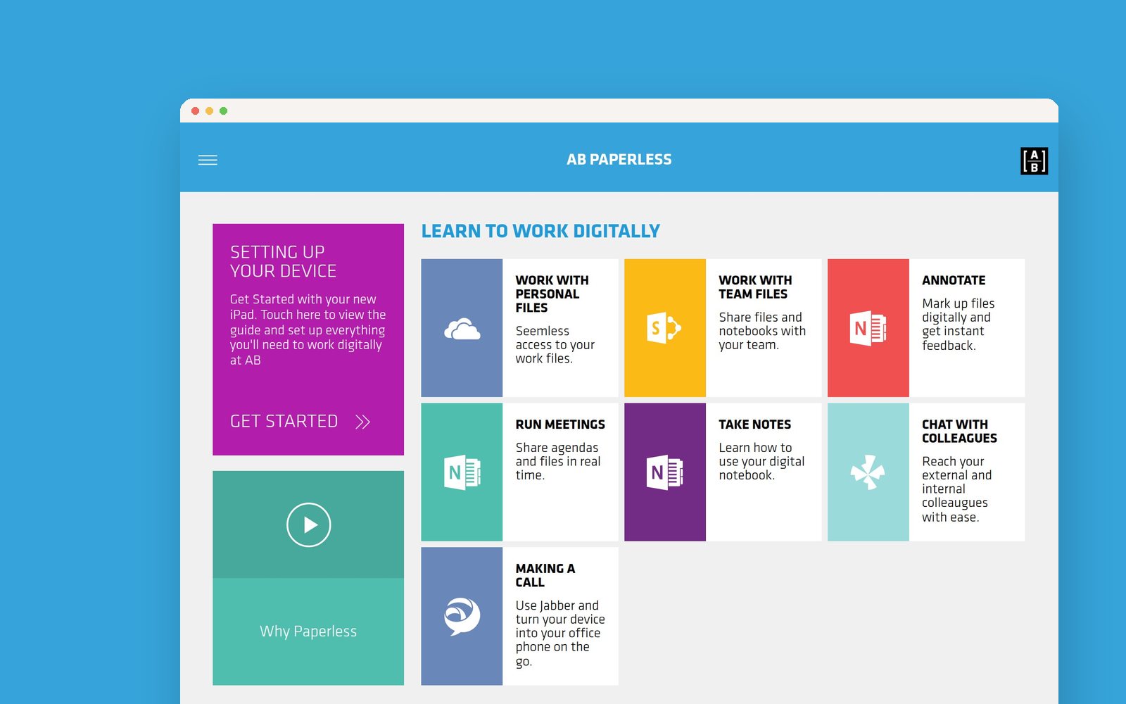 The AB Paperless app: tiles for working with files, running meetings, taking notes and chatting with colleagues.