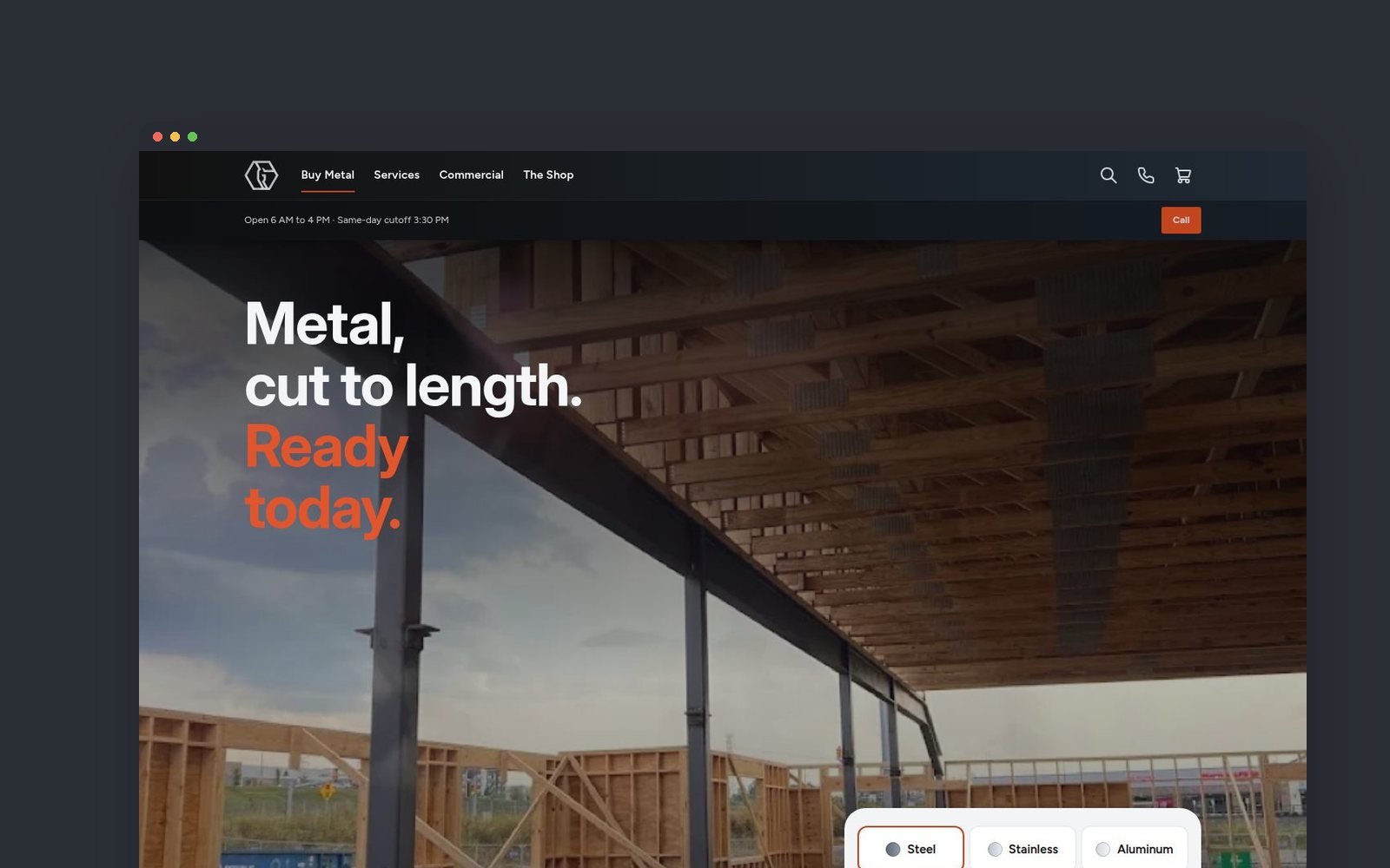 The Gunter Metals metal counter on a laptop: “Metal, cut to length. Ready today.” over a jobsite photo.